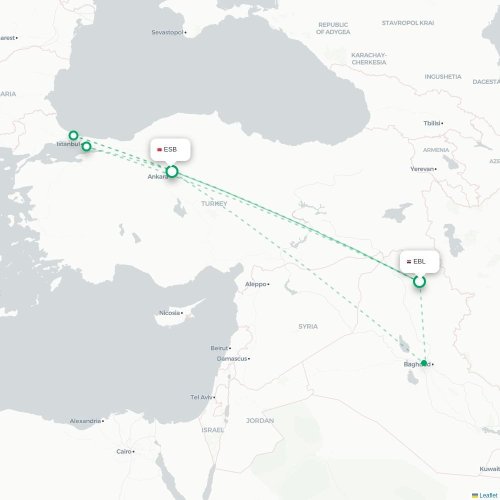 Mapa de vuelo directo Erbil - Angora