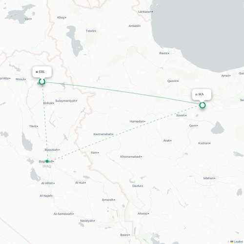 Mapa de vuelo directo Erbil - Teherán