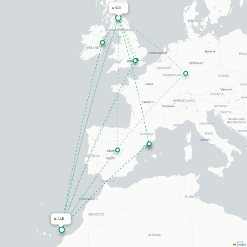 Mapa de vuelo directo Edimburgo - Arrecife