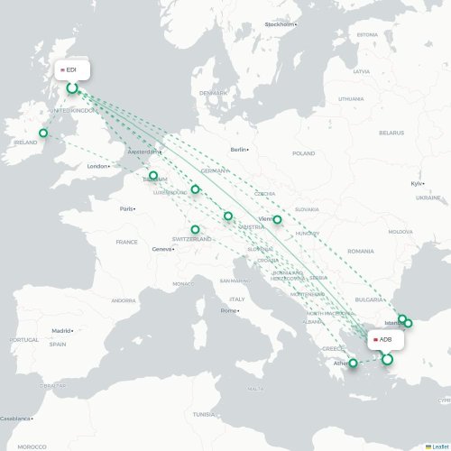 Mapa de vuelo directo Edimburgo - Esmirna