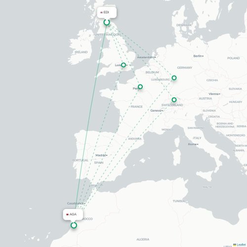 Mapa de vuelo directo Edimburgo - Agadir