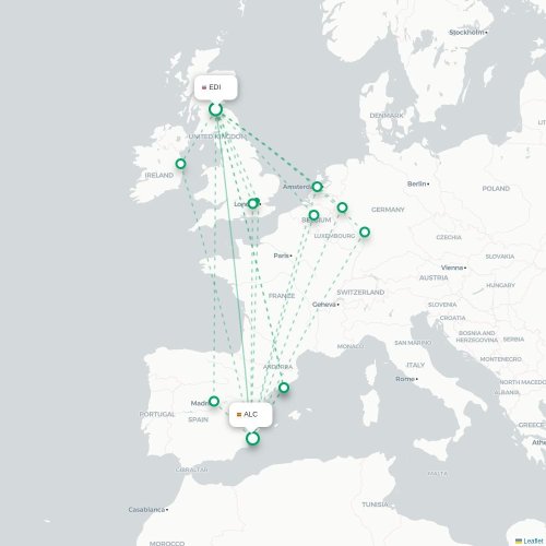 Mapa de vuelo directo Edimburgo - Alicante