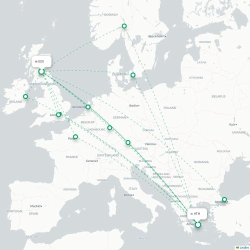 Mapa de vuelo directo Edimburgo - Atenas
