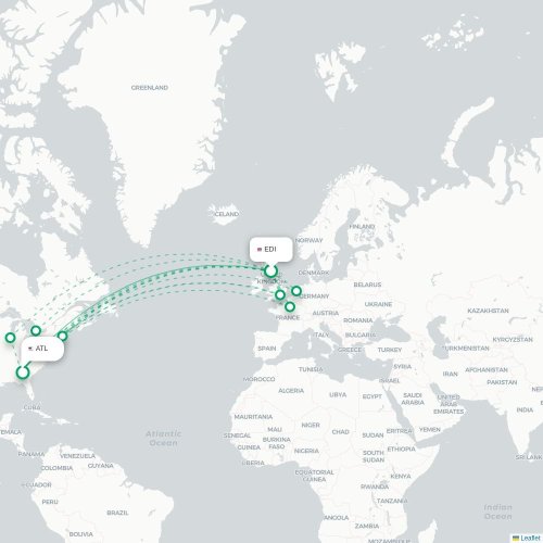 Mapa de vuelo directo Edimburgo - Atlanta