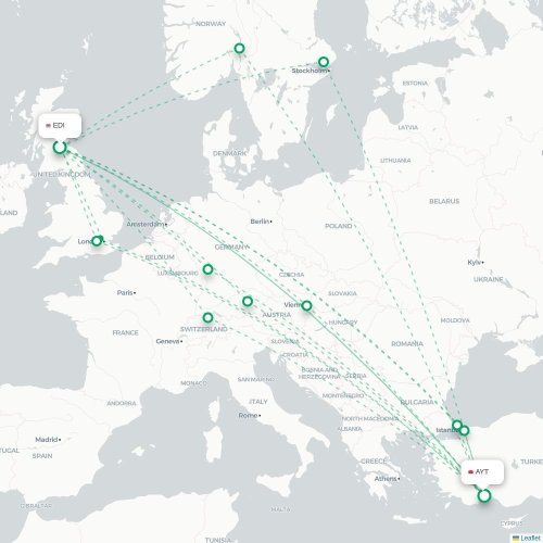 Mapa de vuelo directo Edimburgo - Antalya