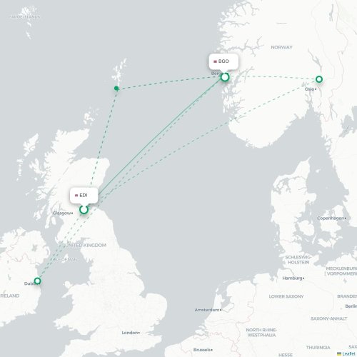Mapa de vuelo directo Edimburgo - Bergen