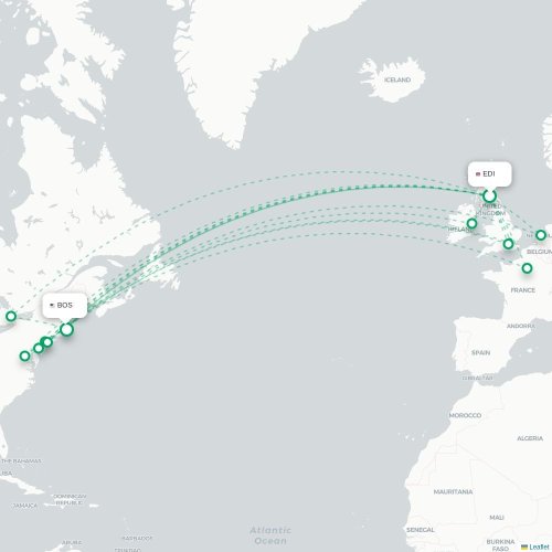 Mapa de vuelo directo Edimburgo - Boston