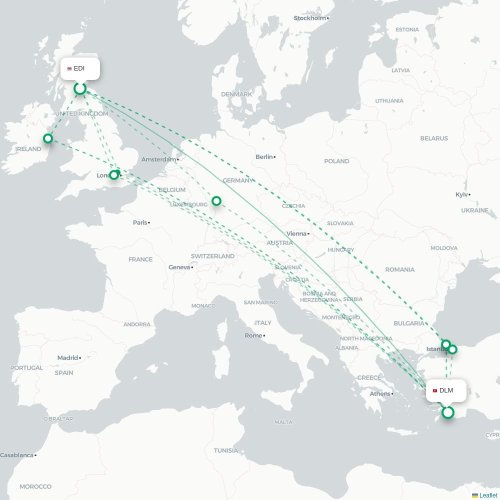 Mapa de vuelo directo Edimburgo - Dalaman