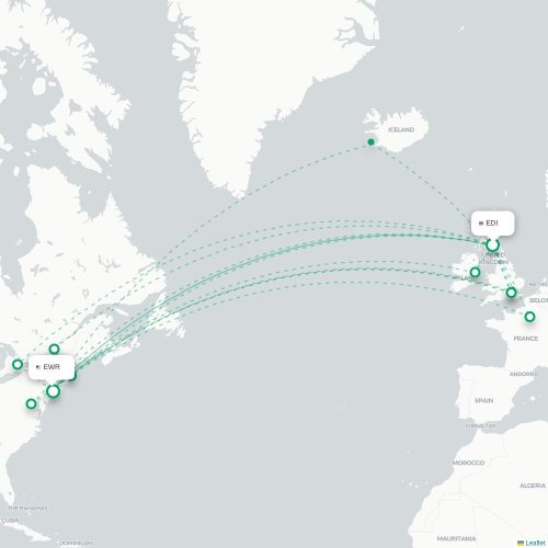 Mapa de vuelo directo Edimburgo - Newark