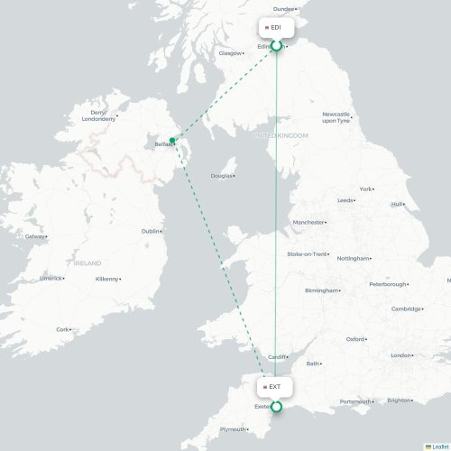 Mapa de vuelo directo Edimburgo - Exeter