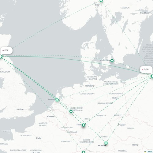 Mapa de vuelo directo Edimburgo - Gdansk