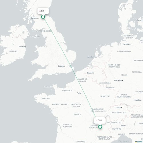 Mapa de vuelo directo Edimburgo - Grenoble