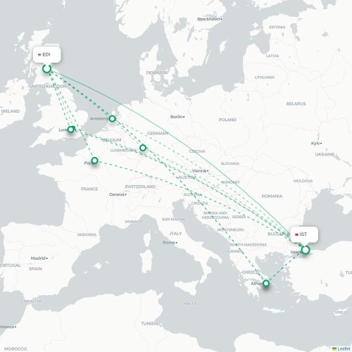 Mapa de vuelo directo Edimburgo - Estambul