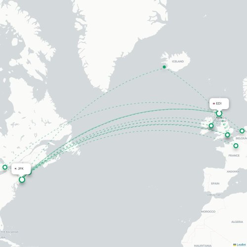Mapa de vuelo directo Edimburgo - Nueva York
