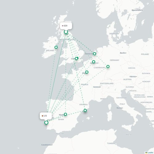 Edinburgh - Lissabon karta över direktflyg
