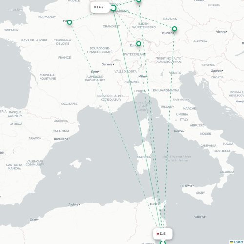 Mapa de vuelo directo Edimburgo - Luxemburgo