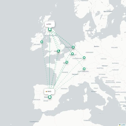 Mapa de vuelo directo Edimburgo - Madrid