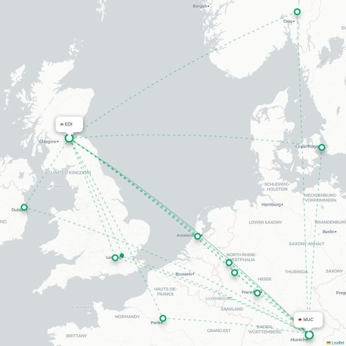 Mapa de vuelo directo Edimburgo - Múnich