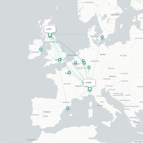 Mapa lotu bezpośredniego Edynburg – Mediolan