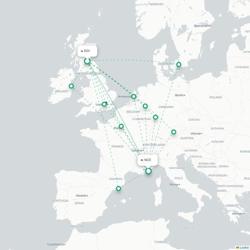 Mapa de vuelo directo Edimburgo - Niza