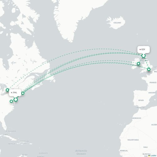 Mapa de vuelo directo Edimburgo - Filadelfia