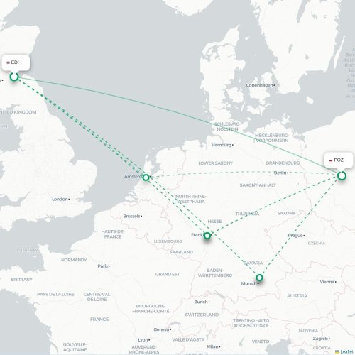 Mapa de vuelo directo Edimburgo - Posnania