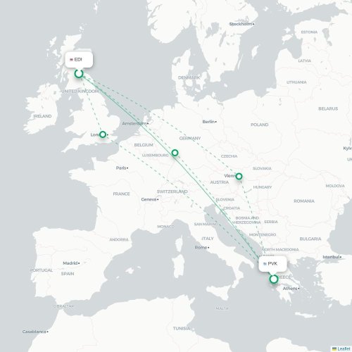 Mapa de vuelo directo Edimburgo - Preveza