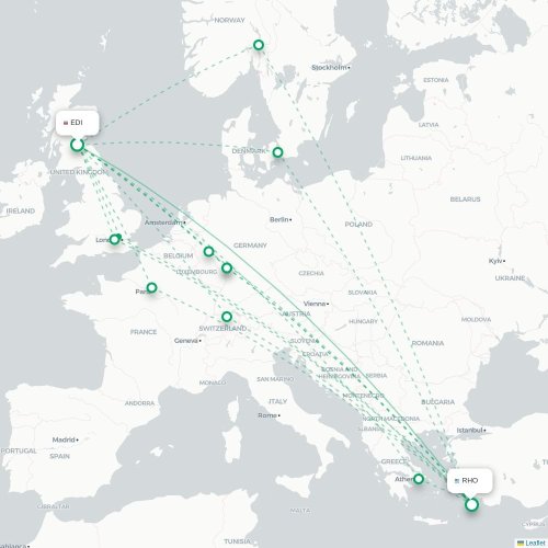 Mapa de vuelo directo Edimburgo - Rodas