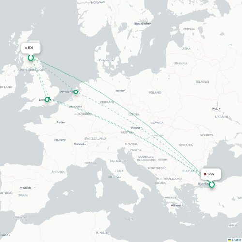 Mapa de vuelo directo Edimburgo - Estambul