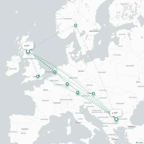 Mapa de vuelo directo Edimburgo - Sofía