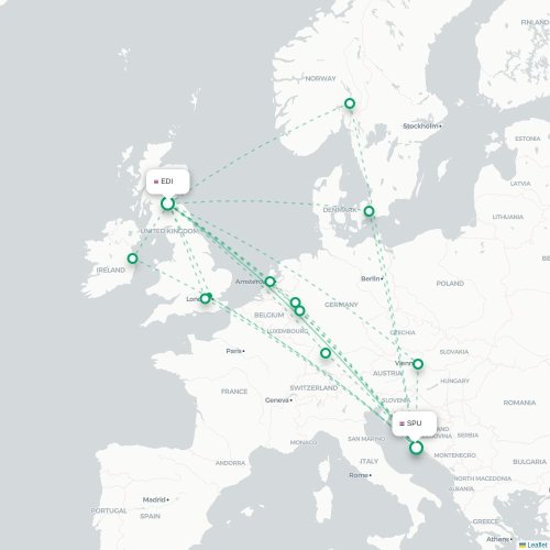 Edinburg - Split kaart van rechtstreekse vlucht