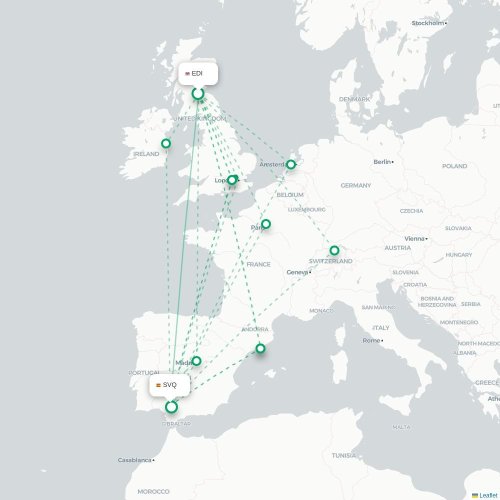 Mapa de vuelo directo Edimburgo - Sevilla