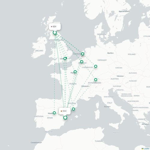 Mapa de vuelo directo Edimburgo - Valencia