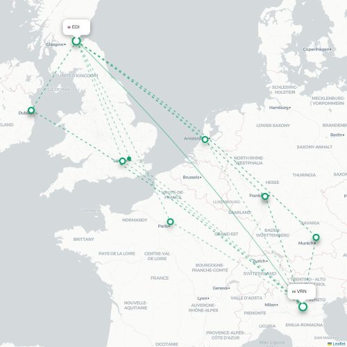 Mapa de vuelo directo Edimburgo - Verona
