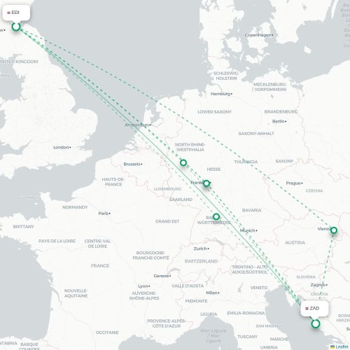 Edinburg - Zadar kaart van rechtstreekse vlucht