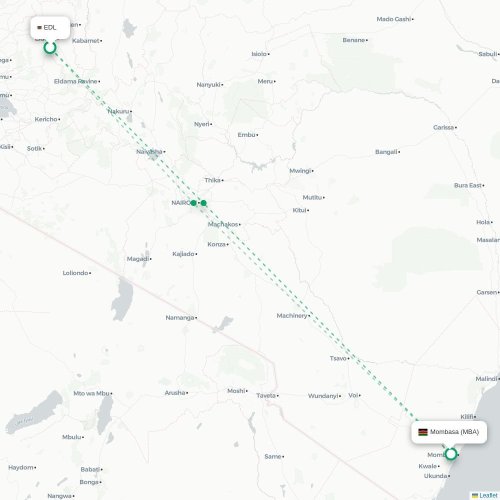 Mapa de vuelo directo Eldoret - Mombasa