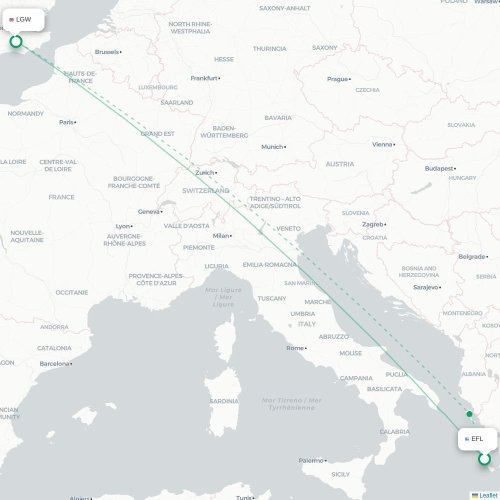 Mapa de vuelo directo Argostoli - Londres