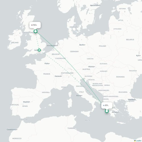 Mapa de vuelo directo Argostoli - Newcastle-upon-Tyne