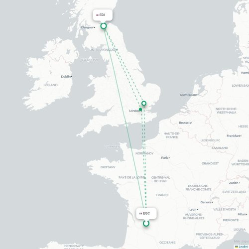Mapa de vuelo directo Bergerac - Edimburgo