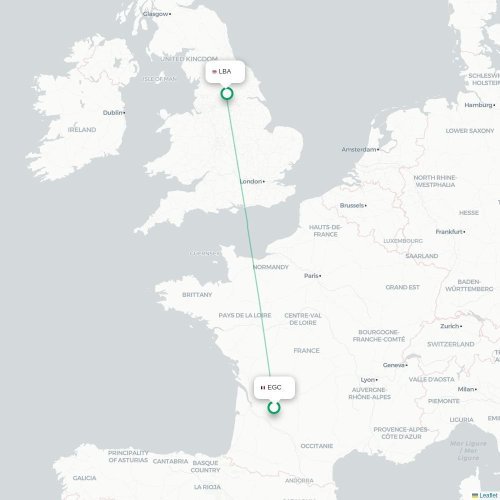 Mapa de vuelo directo Bergerac - Leeds, Condado de Yorkshire del Oeste
