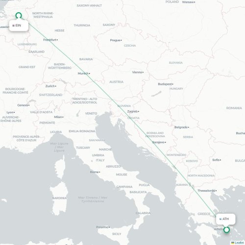 Eindhoven - Athen kort over direkte fly