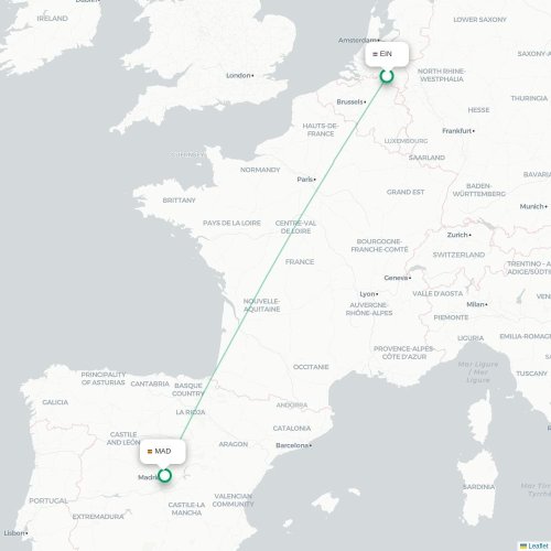 Eindhoven - Madrid kaart van rechtstreekse vlucht
