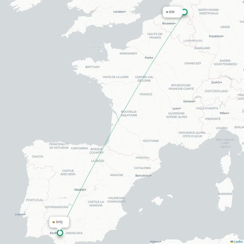 Mapa de vuelo directo Eindhoven - Sevilla