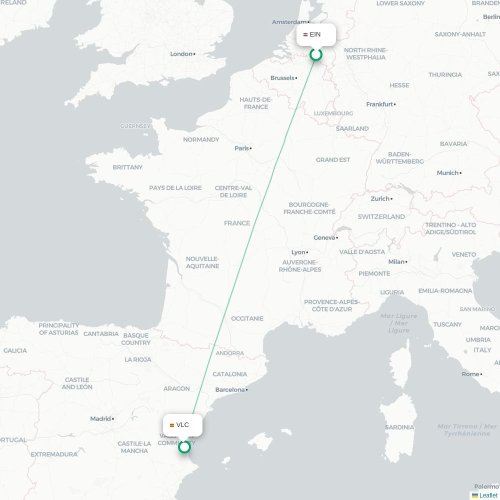 Mapa de vuelo directo Eindhoven - Valencia