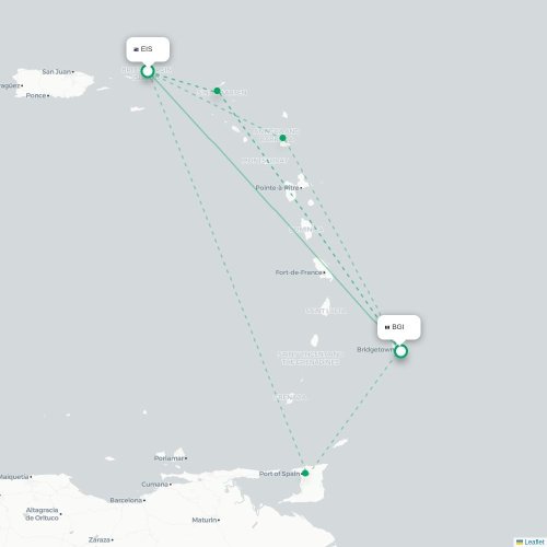 Mapa de vuelo directo Road Town - Bridgetown