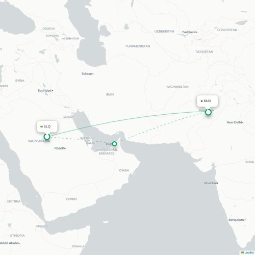 Mapa de vuelo directo Gassim - Multan