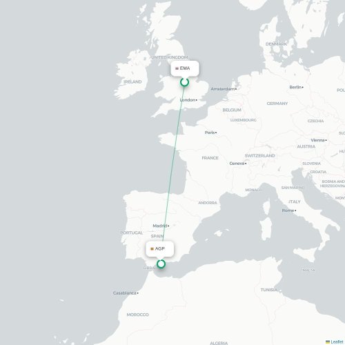 Mapa de vuelo directo Nottingham - Málaga