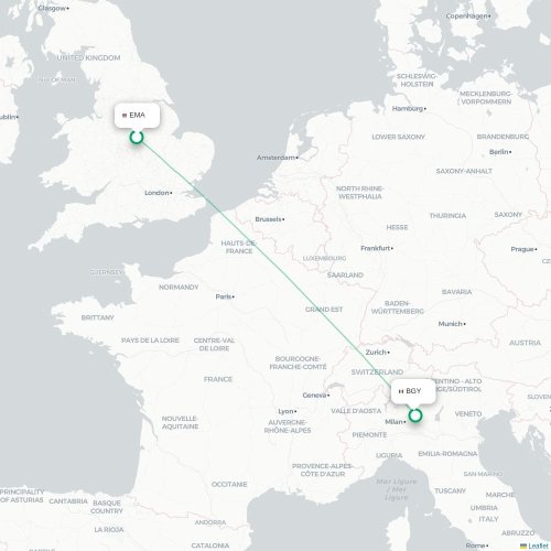Mapa de vuelo directo Nottingham - Bérgamo
