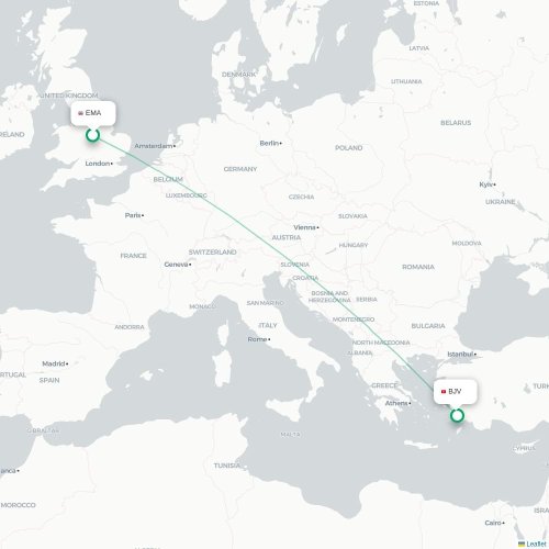 Mapa de vuelo directo Nottingham - Bodrum