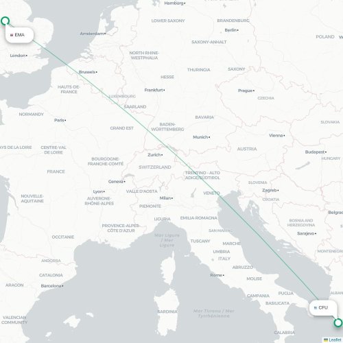 Mapa de vuelo directo Nottingham - Corfú, Corfú